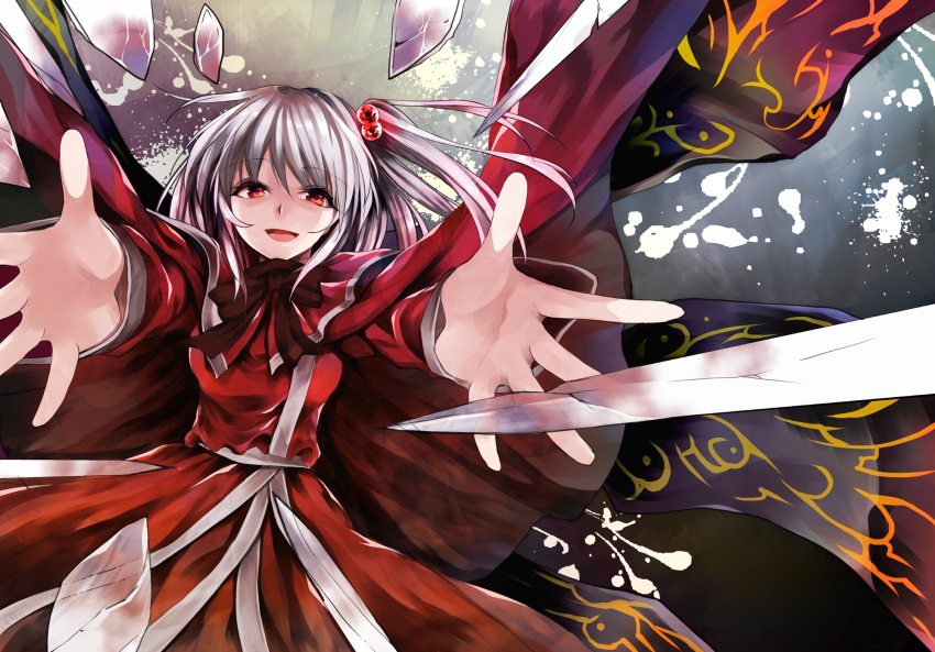 1girl dress hair_bobbles hair_ornament highres katayama_kei long_sleeves one_side_up open_mouth outstretched_arms red_dress red_eyes shinki silver_hair smile solo touhou touhou_(pc-98)