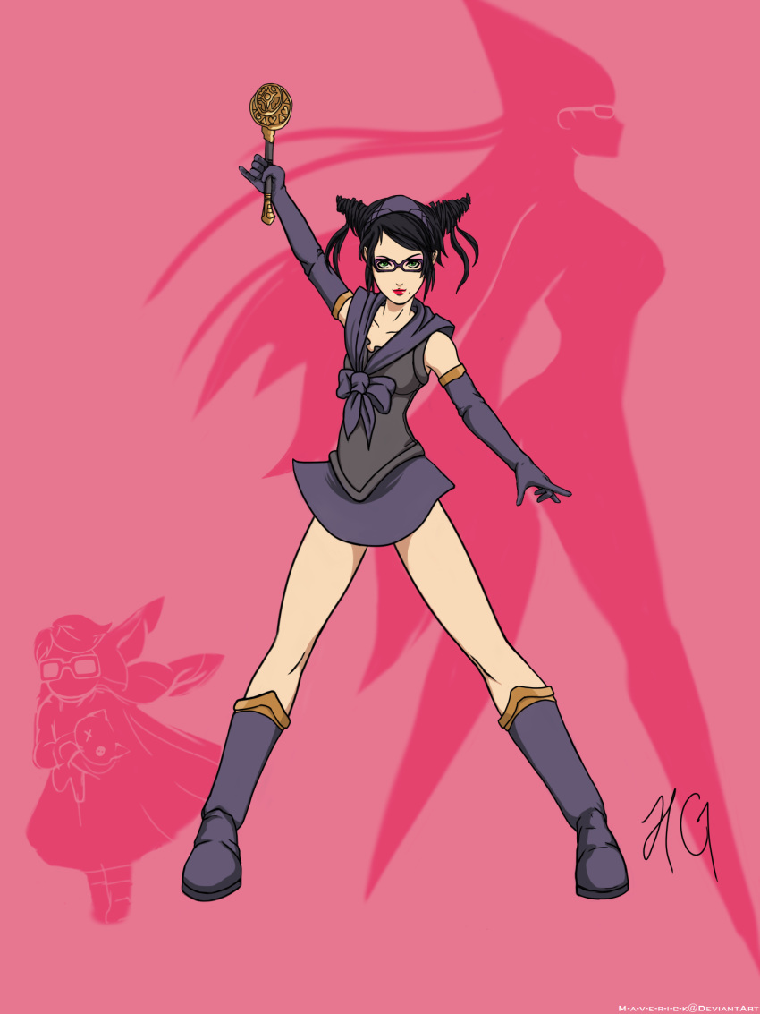 1girl alternate_costume alternate_hair_length alternate_hairstyle bayonetta bayonetta_(character) black_gloves black_hair blue_eyes boots cereza different_shadow double_bun elbow_gloves eyeshadow full_body glasses gloves highres knee_boots lipstick m-a-v-e-r-i-c-k magical_girl makeup mole pinky_out red_background sailor_collar silhouette skirt skirt_set solo spiky_hair