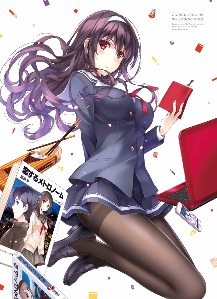 1girl absurdres black_hair black_legwear book cellphone computer headband highres kasumigaoka_utaha laptop loafers long_hair looking_at_viewer miniskirt misaki_kurehito notebook pantyhose parted_lips phone pocky red_eyes saenai_heroine_no_sodatekata school_uniform shoes skirt smartphone solo thighband_pantyhose