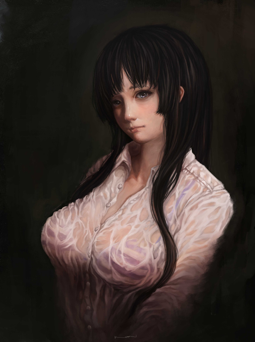 1girl absurdres akiyama_mio artist_name bikini black_background black_eyes black_hair breasts buttons collared_shirt dark_background expressionless highres hime_cut k-on! kuon_(kwonchanji) large_breasts lips long_hair nose realistic see-through shirt signature solo striped striped_bikini striped_swimsuit swimsuit upper_body wet wet_clothes wet_hair wet_shirt white_shirt