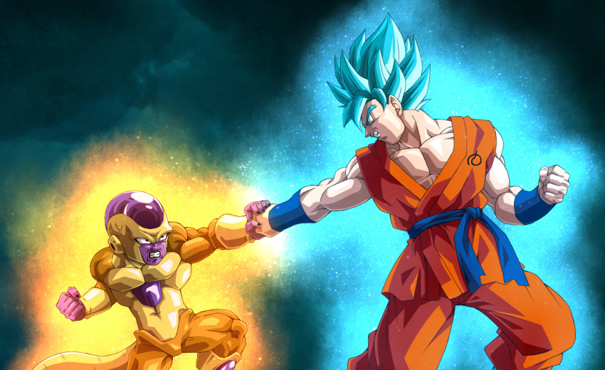 anger_vein aura blue_eyes blue_hair dougi dragon_ball dragon_ball_z eto_(etc_eto) frieza golden_frieza son_gokuu super_saiyan super_saiyan_god