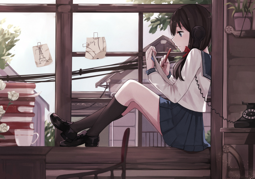 1girl book bow chair desk drawing expressionless flower hair_bow highres house indoors levi9452 long_hair note notebook original phone power_lines profile sitting solo tape tree window windowsill