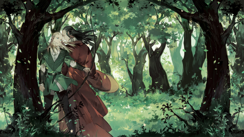 2boys back-to-back black_hair blonde_hair bow_(weapon) closed_eyes elf elrond forest leaf legolas long_hair looking_away lord_of_the_rings male_focus multiple_boys nature pointy_ears profile starshadowmagician tree weapon wind