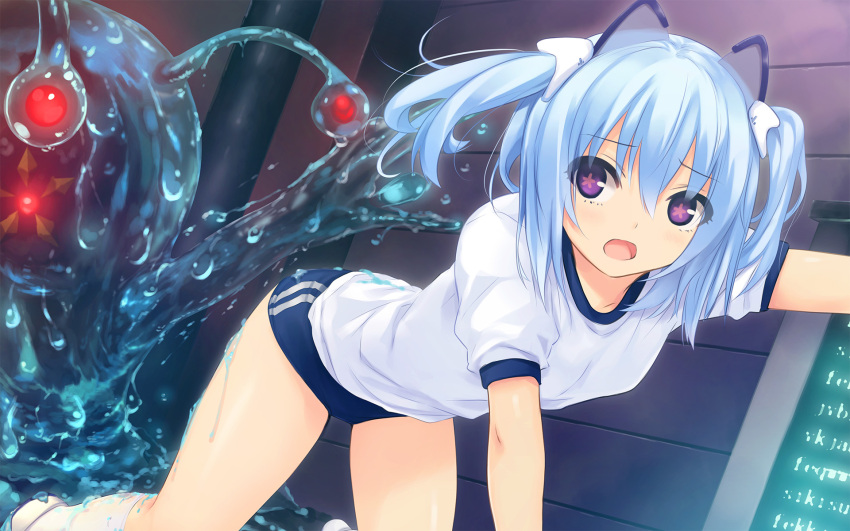 1000-chan 1girl all_fours animal_ears blue_hair breasts buruma cat_ears coffee-kizoku fake_animal_ears gym_uniform highres monster oizumi short_hair short_twintails slime solo symbol-shaped_pupils twintails violet_eyes