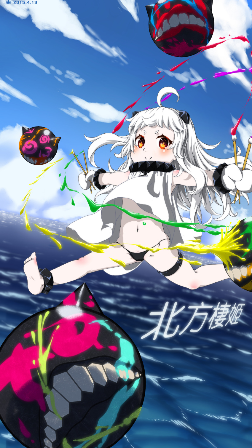 1girl absurdres ahoge artist_request black_panties blue_sky clouds cloudy_sky dated highres holding horns kantai_collection long_hair looking_at_viewer mittens navel northern_ocean_hime ocean outstretched_arms paintbrush pale_skin panties shinkaisei-kan sky smile spread_arms translation_request underwear white_hair