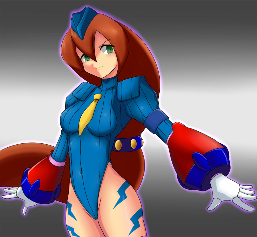 1girl brown_hair cammy_white cammy_white_(cosplay) corruption cosplay dark_persona ebako female garrison_cap gloves green_eyes hat highres iris_(rockman_x) leotard long_hair outstretched_arms rockman rockman_x rockman_x4 solo spread_arms street_fighter