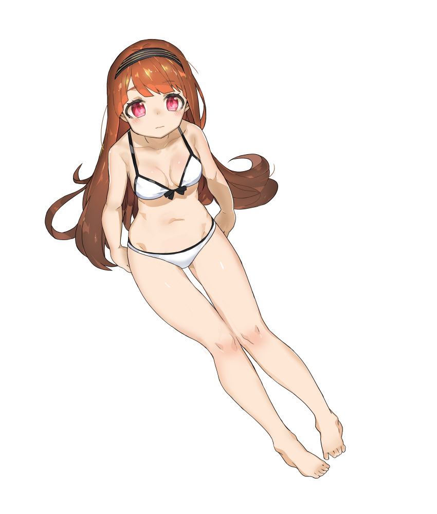 1girl bare_legs barefoot bikini blush brown_hair collarbone from_above front-tie_top hairband highres long_hair looking_at_viewer looking_up navel original pink_eyes simple_background sitting solo spawnfoxy swimsuit very_long_hair white_background white_bikini white_swimsuit