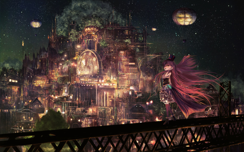 1girl cityscape clock gears hand_on_own_face hat high_heels highres hot_air_balloon long_hair night night_sky original pink_hair popopo5656 scaffolding sky solo steampunk top_hat tree vines yellow_eyes
