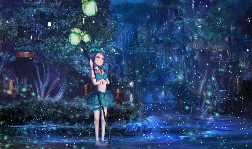 1girl armband barefoot choker flower glowing hair_flower hair_ornament highres jewelry lantern midriff necklace original popopo5656 solo sparkle staff stream treehouse village wading