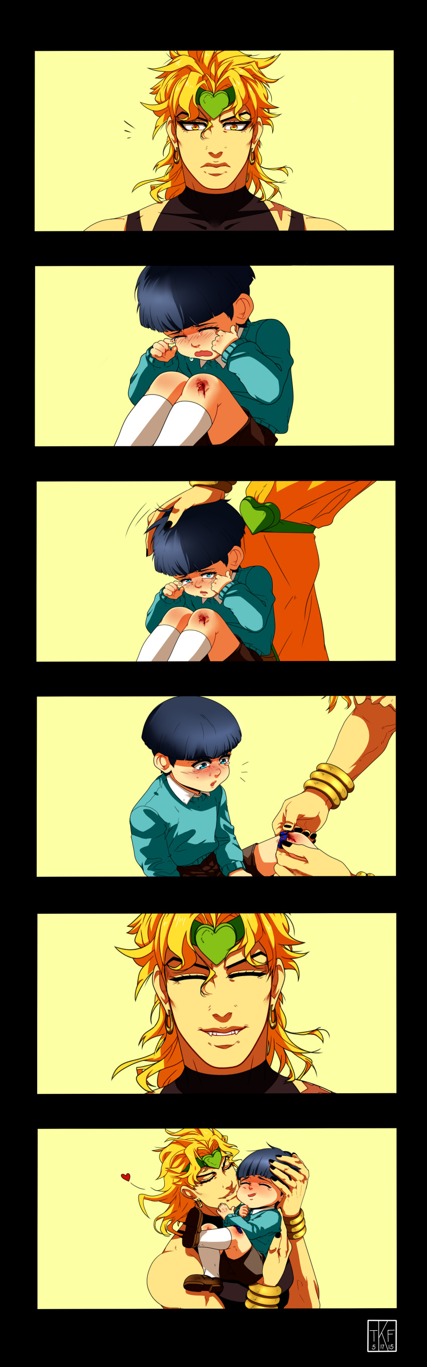 absurdres bandaid black_hair blonde_hair blue_eyes child comic crying dated dio_brando earrings fangs father_and_son fingernails giorno_giovanna heart highres jewelry jojo_no_kimyou_na_bouken long_fingernails nail_polish scrape scratch signature tariah_furlow tears wrist_cuffs yellow_eyes younger