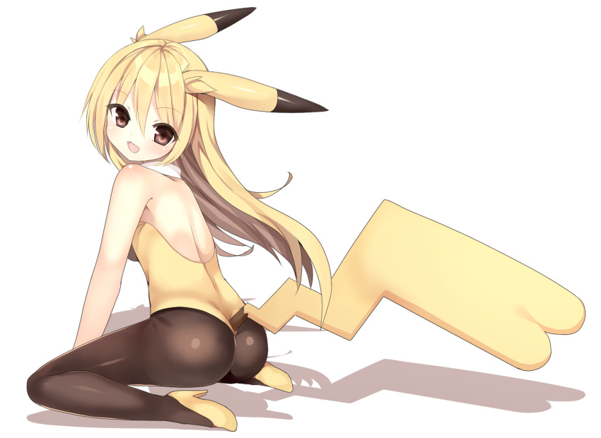 1girl ass bare_shoulders black_legwear blonde_hair blush brown_eyes from_behind full_body high_heels highres kuro_guren long_hair looking_at_viewer open_mouth pantyhose personification pikachu pikachu_ears pikachu_tail pokemon pokemon_(game) sitting solo tail wariza white_background