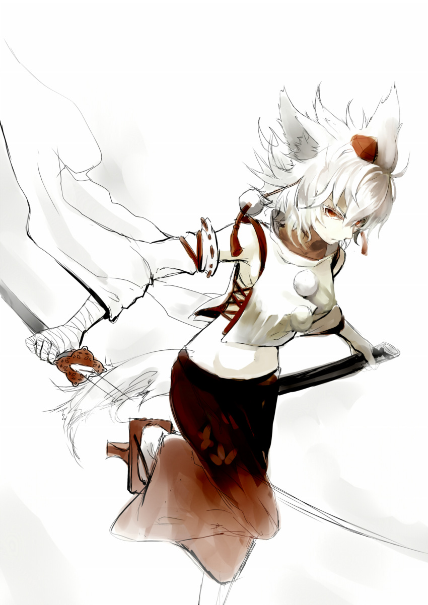 1girl absurdres animal_ears bandages detached_sleeves geta hat hat_ribbon highres inubashiri_momiji jebura katana long_sleeves midriff pasties pom_pom_(clothes) red_eyes ribbon scabbard sheath shirt silver_hair skirt solo sword tail tokin_hat touhou weapon wide_sleeves wolf_ears wolf_tail