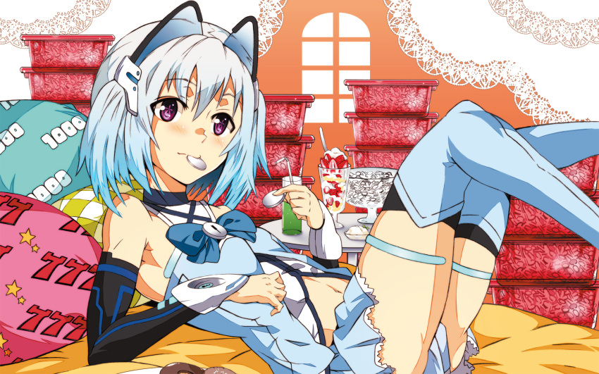 1000-chan 1girl animal_ears black_legwear blue_hair blush boots cat_ears detached_sleeves drinking_straw highres looking_at_viewer lying navel oizumi on_back open_mouth parfait short_hair solo thigh-highs thigh_boots two_side_up ueda_yumehito violet_eyes