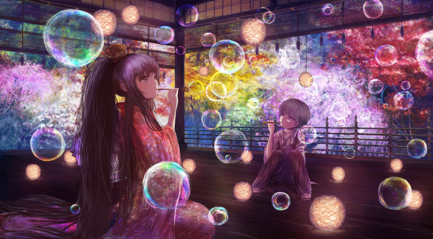 2girls black_hair bubble bubble_blowing grey_hair hair_ornament hairclip highres japanese_clothes kneeling long_hair multiple_girls original pipe ponytail popopo5656