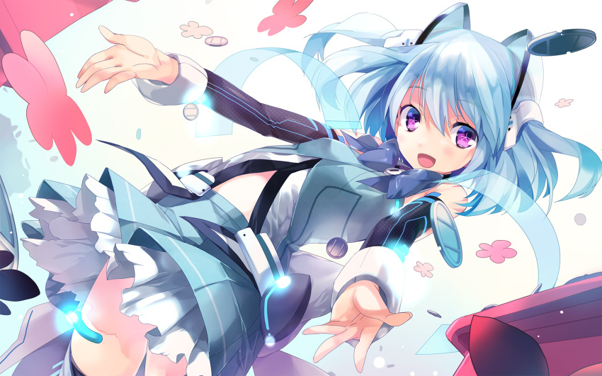 1000-chan 1girl animal_ears blue_hair cat_ears coin cowboy_shot detached_sleeves highres oizumi outstretched_arms short_hair skirt solo symbol-shaped_pupils taira_tsukune two_side_up violet_eyes