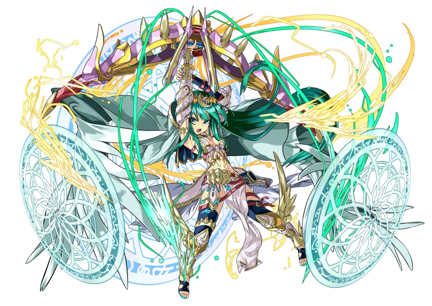 1girl armor armpits artemis_(p&amp;d) bow_(weapon) breasts cape cleavage green_eyes green_hair kei_(keiclear) magic_circle midriff navel puzzle_&amp;_dragons solo weapon