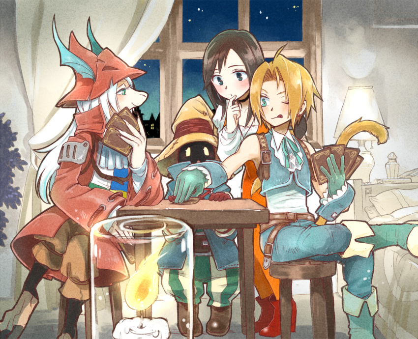 2boys 2girls :o :p blonde_hair brown_hair candle card chair cuffs curtains earrings final_fantasy final_fantasy_ix freija_crescent garnet_til_alexandros_xvii gloves hand_on_own_chin hat highres indoors jewelry lamp long_hair looking_down mare_(pixiv) multiple_boys multiple_girls night one_eye_closed playing_card playing_games short_hair sitting table tail tongue tongue_out vivi_ornitier white_hair window witch_hat zidane_tribal