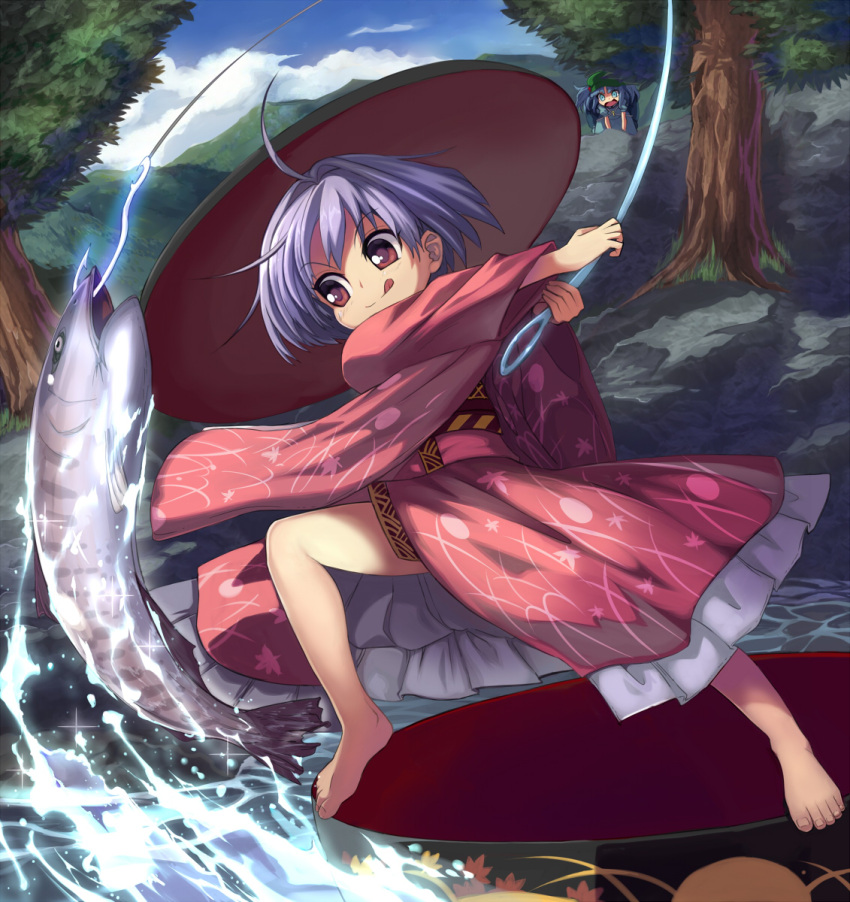 2girls ahoge backpack bag barefoot blue_eyes blue_hair blush bowl constricted_pupils d: dress fish fishing fishing_hook fishing_rod focused glowing hair_bobbles hair_ornament hat highres in_bowl in_container japanese_clothes kawashiro_nitori key kimono messy_hair minigirl multiple_girls needle open_mouth purple_hair red_eyes river rock shocked_eyes shope short_hair solo_focus sukuna_shinmyoumaru surprised tongue tongue_out touhou tree two_side_up urban_legend_in_limbo very_short_hair