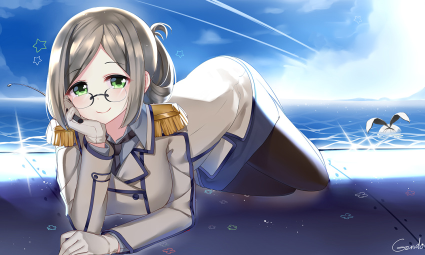 2girls blue_sky breasts brown_hair clouds collared_shirt epaulettes folded_ponytail gendo0033 glasses gloves green_eyes jacket kantai_collection katori_(kantai_collection) lying military military_uniform multiple_girls necktie on_stomach pantyhose riding_crop shimakaze_(kantai_collection) shipyard shirt skirt sky smile uniform water white_gloves