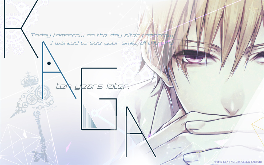 1boy blonde_hair character_name clock_zero highres kaga_akira nagaoka short_hair text violet_eyes wallpaper