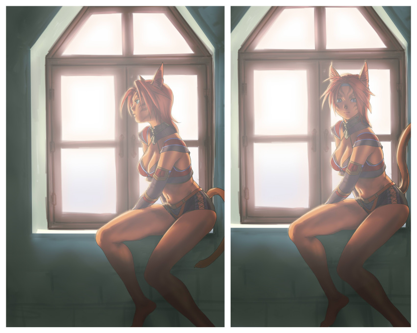 1girl animal_ears barefoot blue_eyes breasts brown_hair cat_ears cleavage detached_collar detached_sleeves facial_mark final_fantasy final_fantasy_xi hairband highres indoors light_smile looking_away looking_back midriff mithra multiple_views navel profile quot short_hair short_shorts shorts sitting solo sunlight tail windowsill