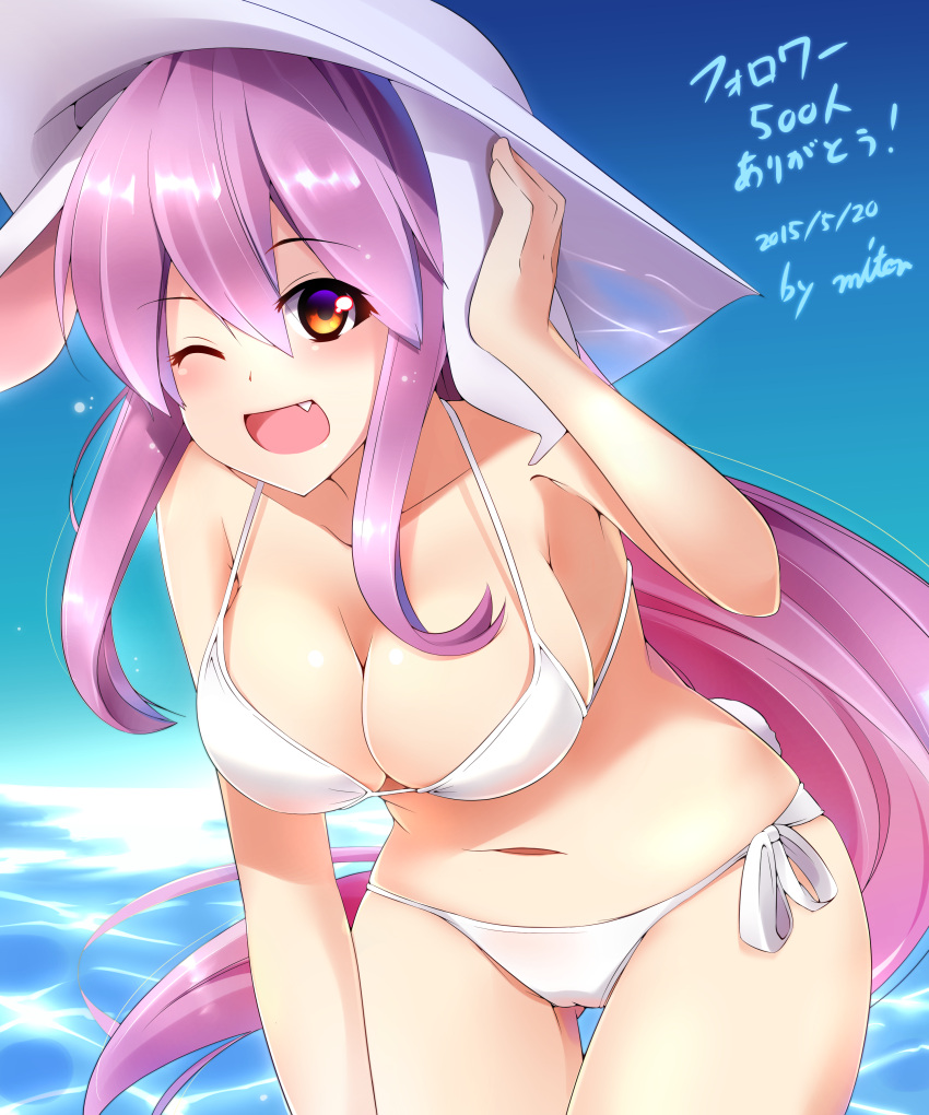 1girl absurdres animal_ears artist_name bangs bikini blue_eyes blue_sky blush breasts bunny_tail cowboy_shot dated fang gradient_eyes hand_on_ear hand_up hat highres leaning_forward long_hair miton15 multicolored_eyes navel ocean one_eye_closed open_mouth orange_eyes purple_hair rabbit_ears reflective_eyes reisen_udongein_inaba side-tie_bikini sky solo swimsuit tail thighs touhou translation_request very_long_hair white_bikini white_swimsuit