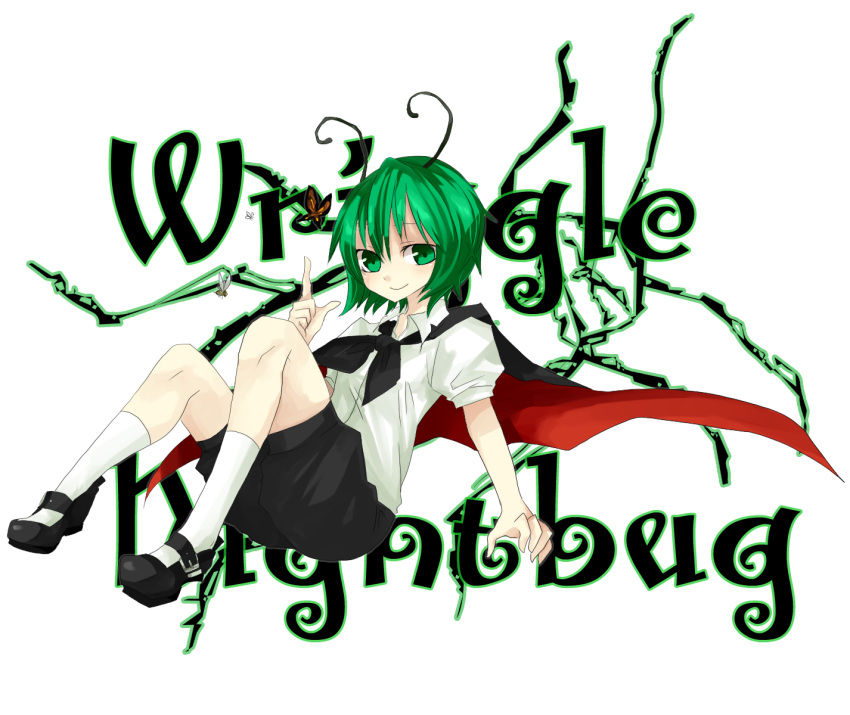 antenna antennae butterfly cape character_name floating green_eyes green_hair highres mary_janes pointing shoes short_hair smile solo tentani touhou transparent_background wriggle_nightbug