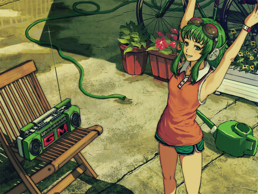 chair flower goggles goggles_on_head green_eyes green_hair gumi headphones headset horuda hose radio short_hair shorts smile solo stretch vocaloid watering_can
