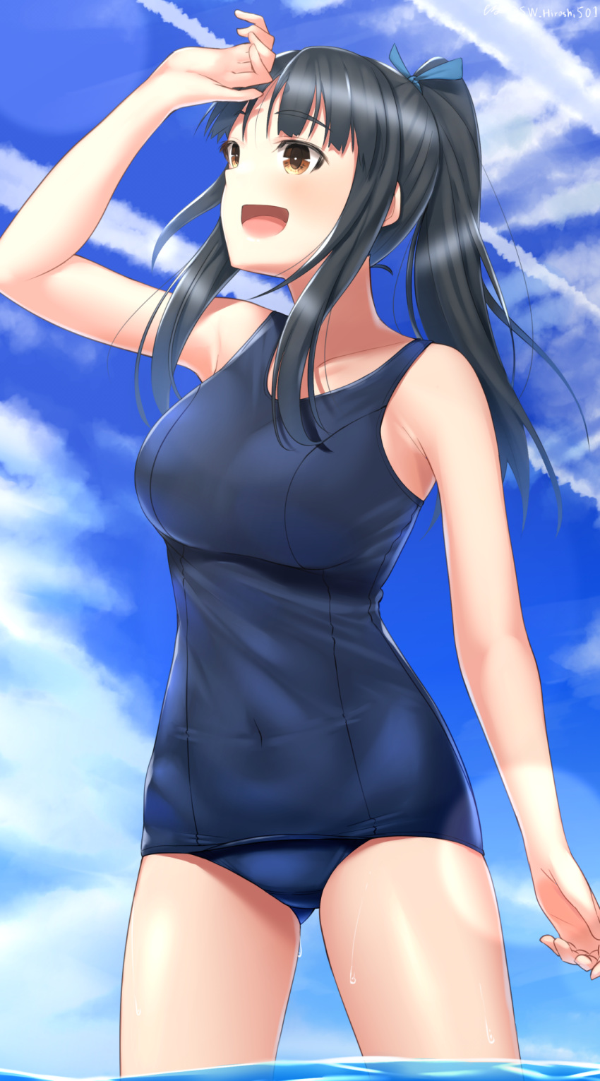 1girl black_hair blue_sky breasts brown_eyes clouds condensation_trail cowboy_shot day hattori_shizuka highres hiroshi_(hunter-of-kct) long_hair looking_up medium_breasts outdoors ponytail school_swimsuit sidelocks sky smile solo strike_witches swimsuit wading water world_witches_series