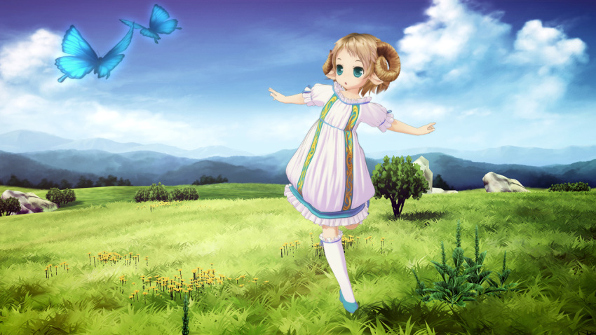 blonde_hair blue_eyes butterfly field flower grass kani_hira kanihira original sheep_girl socks