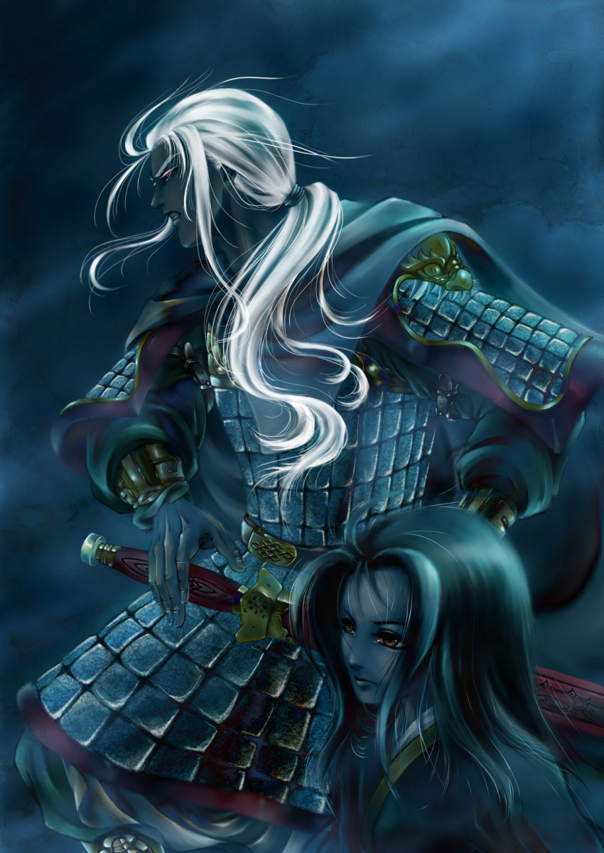 black_hair chinese_clothes eishinno highres juuni_kokuki king_tai night sword taiki weapon white_hair