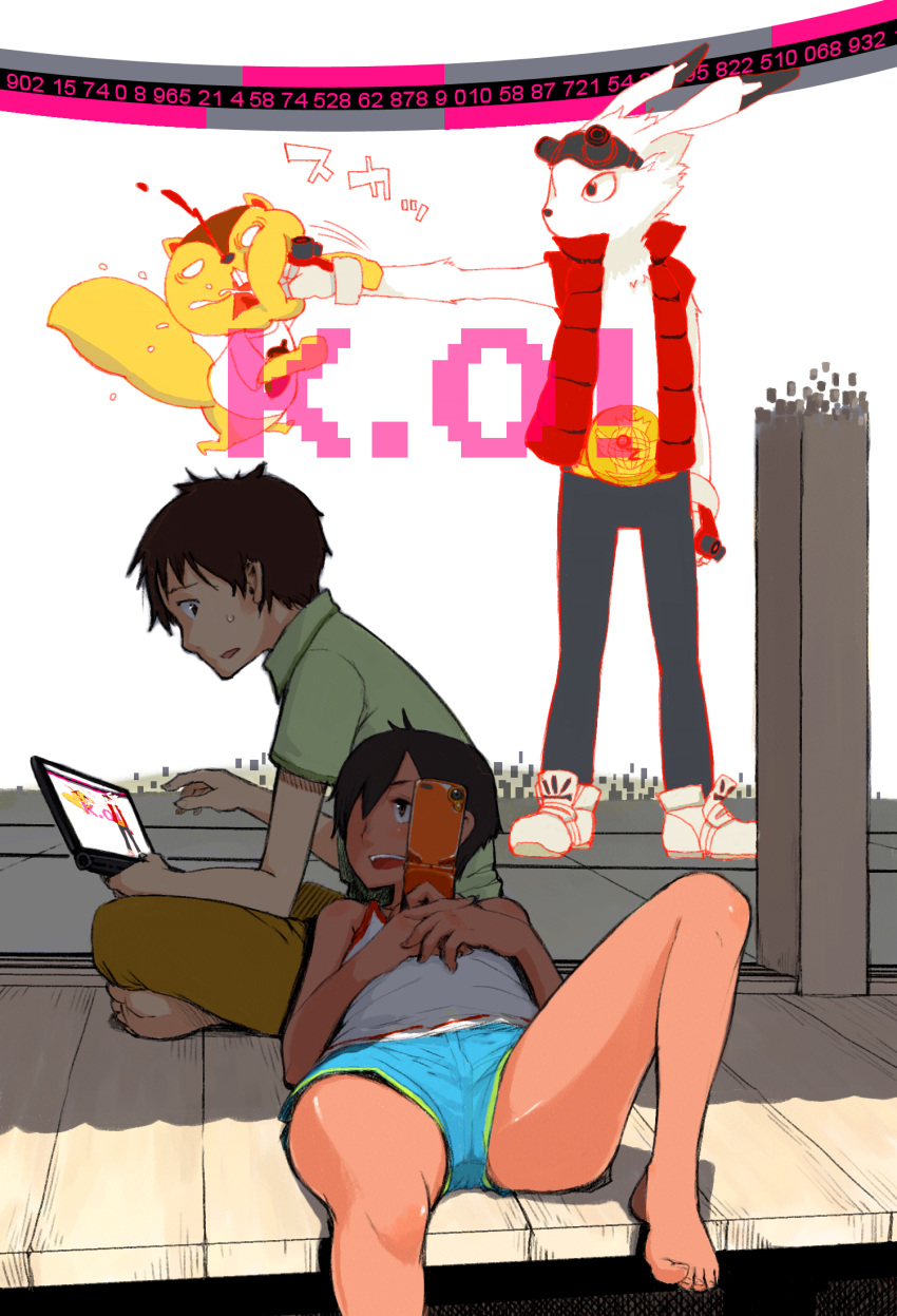 blood brown_eyes brown_hair feet furry highres ikezawa_kazuma kari-kenji king_kazuma koiso_kenji mya phone punching shorts sitting summer_wars toe-point video_game