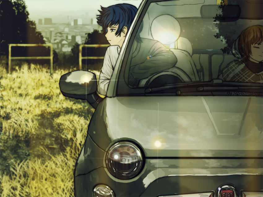 1girl blue_eyes blue_hair brown_hair car casual closed_eyes couple fiat fiat_500 fiat_nuova_500 horuda kaito meiko motor_vehicle product_placement reflection short_hair sleeping vehicle vocaloid