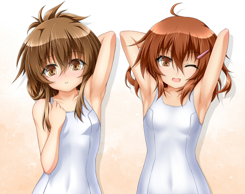 2girls ;d ahoge alternate_costume arm_up armpits arms_up blush brown_eyes brown_hair fang folded_ponytail hair_ornament hairclip ikazuchi_(kantai_collection) inazuma_(kantai_collection) kantai_collection looking_at_viewer multiple_girls one-piece_swimsuit one_eye_closed open_mouth roura school_swimsuit school_uniform short_hair smile swimsuit white_school_swimsuit white_swimsuit