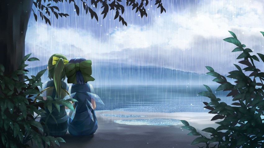 2girls alternate_hairstyle blue_dress blue_hair bow cirno clouds daiyousei dress fairy_wings green_hair hair_bow hair_ribbon ice ice_wings lake mountain multiple_girls pokio ponytail puffy_short_sleeves puffy_sleeves rain ribbon shirt short_sleeves side-by-side sitting sky touhou tree wings