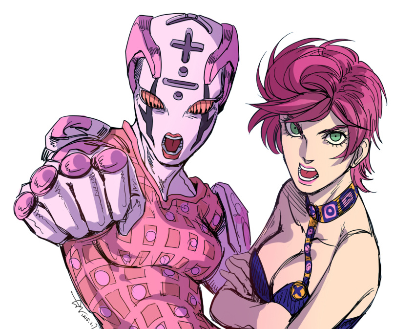 breasts choker cleavage clenched_hand dated green_eyes jojo_no_kimyou_na_bouken lipstick makeup muyoucun open_mouth pink_hair pink_lipstick signature spice_girl_(stand) stand_(jojo) strap trish_una