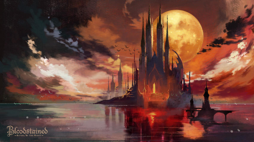 bat bloodstained:_ritual_of_the_night castle clouds cloudy_sky full_moon highres moon natsume_yuji no_humans official_art reflection sky