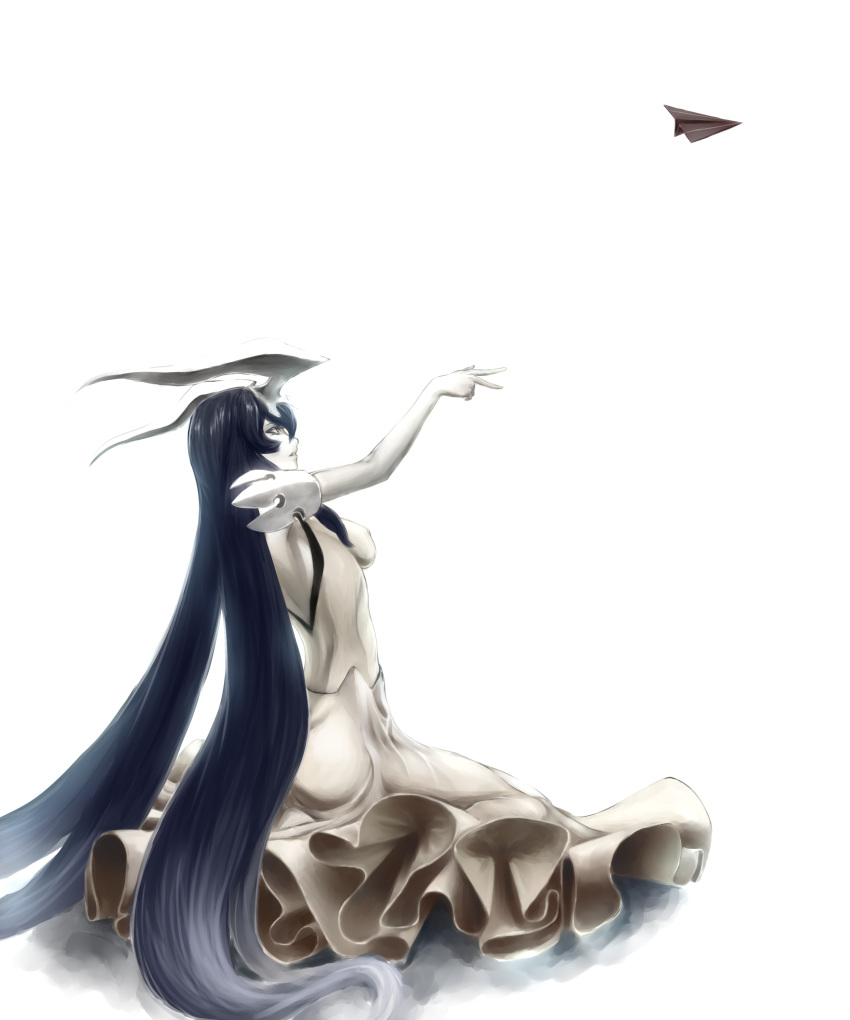 1girl absurdres anchorage_water_oni black_hair breasts dress full_body gradient_hair hazuki_(5170712) highres horns impossible_clothes impossible_dress kantai_collection long_hair looking_at_another looking_away multicolored_hair pale_skin paper_airplane profile red_eyes shinkaisei-kan simple_background sitting solo throwing very_long_hair white_background white_dress white_hair