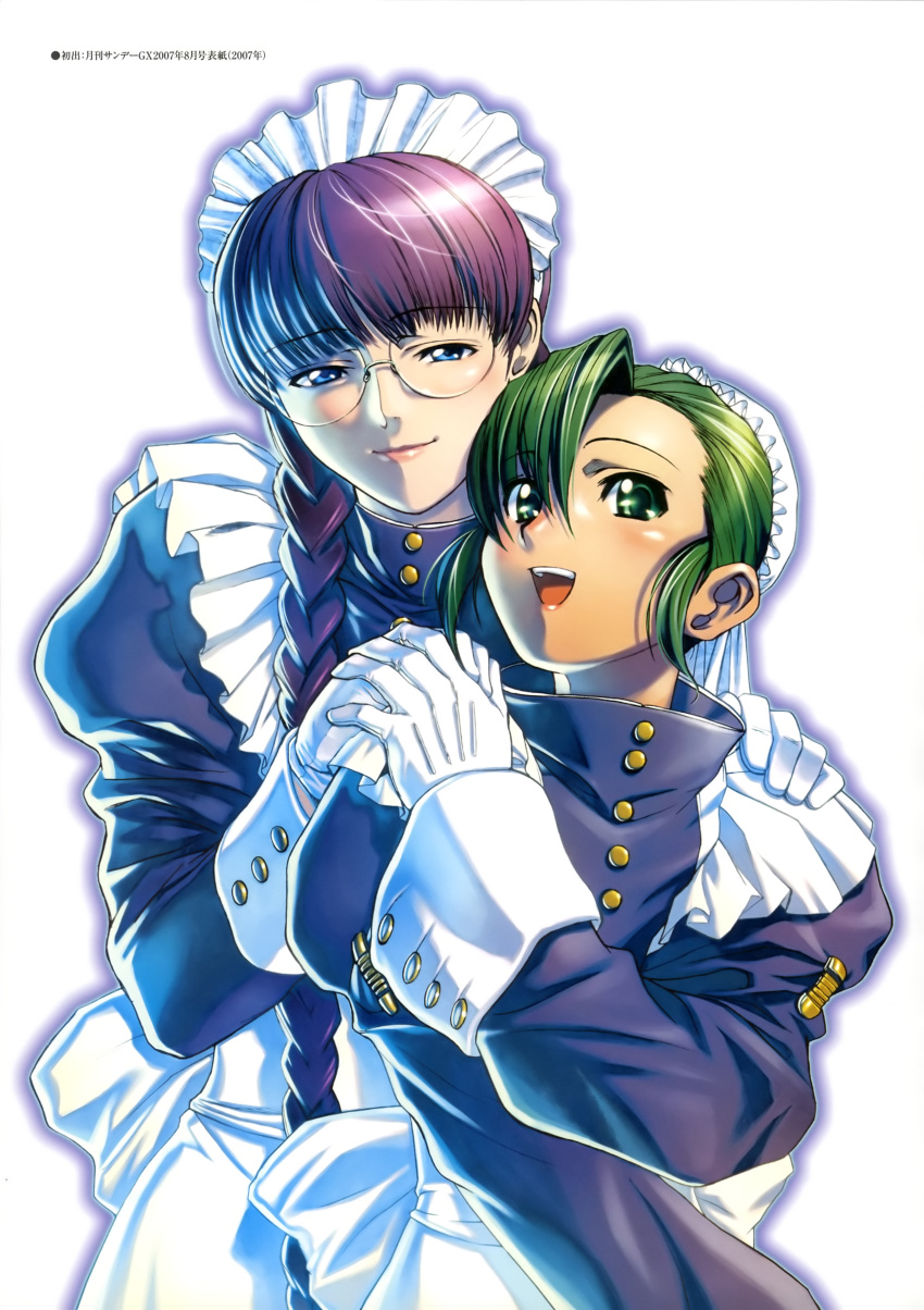 2girls absurdres apron black_hair black_lagoon blue_eyes braid bun_cover buttons fabiola_iglesias glasses gloves green_eyes green_hair hair_bun hair_over_one_eye hair_over_shoulder height_difference highres hiroe_rei holding_hands lips long_hair maid maid_apron maid_headdress multiple_girls official_art open_mouth rimless_glasses roberta_(black_lagoon) round_glasses scan short_hair smile tan twin_braids white_gloves