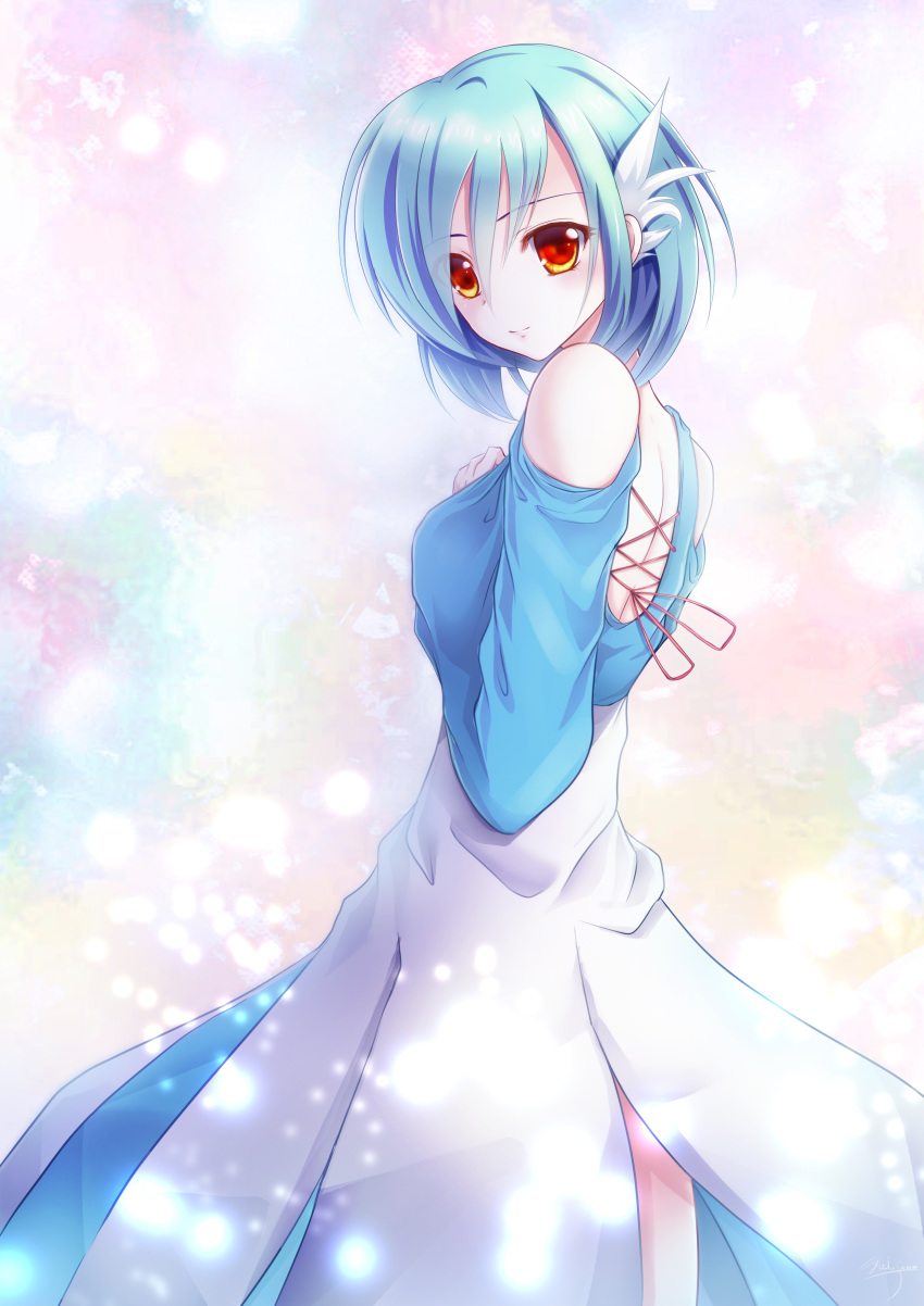 1girl absurdres bare_shoulders dress gardevoir green_hair highres looking_at_viewer multicolored_hair personification pokemon red_eyes solo turning_head two-tone_hair white_hair yuitsuki1206