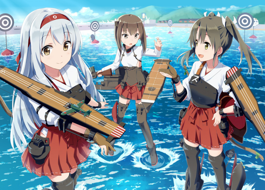 3girls :d airplane black_hair boots bow_(weapon) brown_eyes brown_hair crossbow failure_penguin flight_deck gloves gochou_(atemonai_heya) grey_hair hair_ribbon hairband hakama_skirt headgear japanese_clothes kantai_collection long_hair military military_uniform miss_cloud multiple_girls muneate ocean open_mouth pleated_skirt red_skirt ribbon short_hair shoukaku_(kantai_collection) silver_hair skirt smile standing standing_on_water taihou_(kantai_collection) target thigh-highs thigh_boots twintails uniform water weapon zuikaku_(kantai_collection)