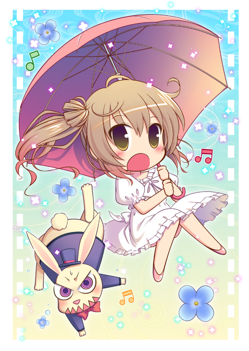 1girl blush bowtie brown_eyes brown_hair cevio chibi clothed_animal dress flower hat highres long_hair musical_note noumiso_hoehoe open_mouth puffy_short_sleeves puffy_sleeves rabbit satou_sasara short_sleeves side_ponytail solo top_hat umbrella violet_eyes white_dress
