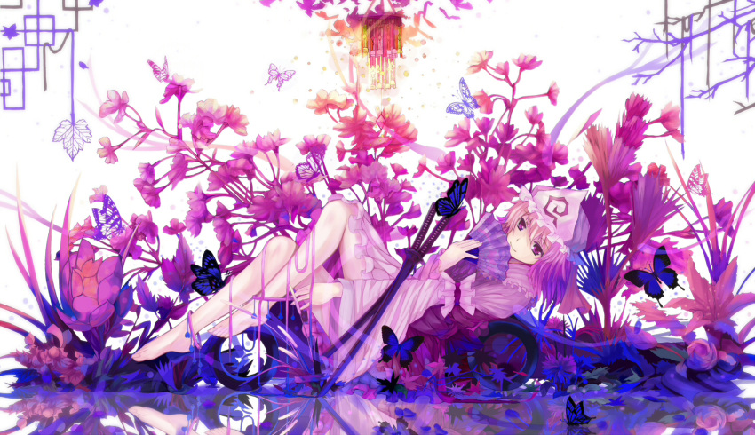 1girl arms_at_sides blue_dress dead_line dress fan floral_background from_side hat highres japanese_clothes looking_at_viewer lying on_back pink_eyes pink_hair ribbon saigyouji_yuyuko short_hair smile solo touhou triangular_headpiece