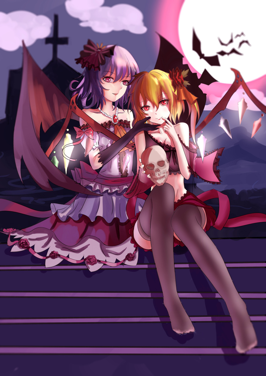 2girls absurdres alternate_costume backlighting bat bat_wings black_legwear blonde_hair bow breasts brooch cleavage clouds collarbone cross dress finger_to_mouth flandre_scarlet flower frilled_dress frills hair_flower hair_ornament hand_on_another's_cheek hand_on_another's_face head_tilt highres jewelry looking_at_viewer moon moonlight mountain multiple_girls night night_sky no_shoes nose open_mouth purple_dress purple_hair red_eyes red_moon red_pupils red_skirt remilia_scarlet rose scarlet_devil_mansion short_hair siblings side_ponytail silhouette sisters sitting skirt skull sky slit_pupils small_breasts smile stairs tagme thigh-highs touhou violet_eyes visible_air wings yue_ling_yu
