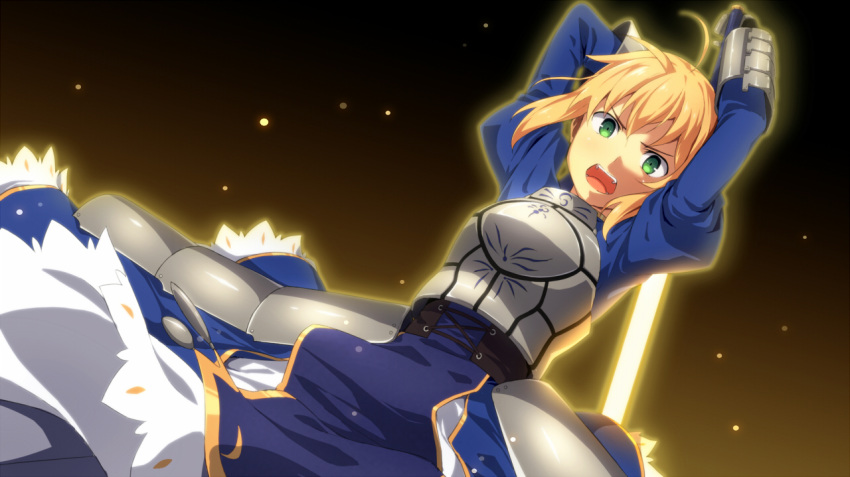 1girl ahoge armor armored_dress blonde_hair breastplate excalibur fate/stay_night fate_(series) green_eyes kinta_(distortion) open_mouth saber solo sword weapon