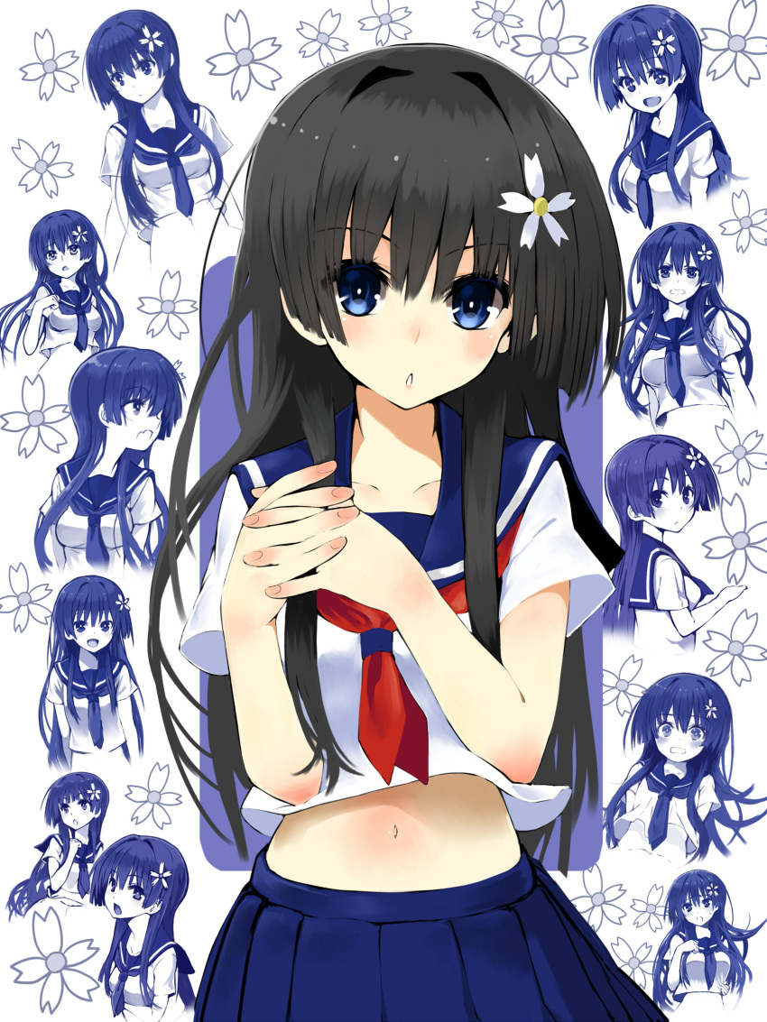 1girl black_hair blue_eyes expressions flower hair_flower hair_ornament highres kawakami_masaki long_hair navel saten_ruiko to_aru_kagaku_no_railgun to_aru_majutsu_no_index