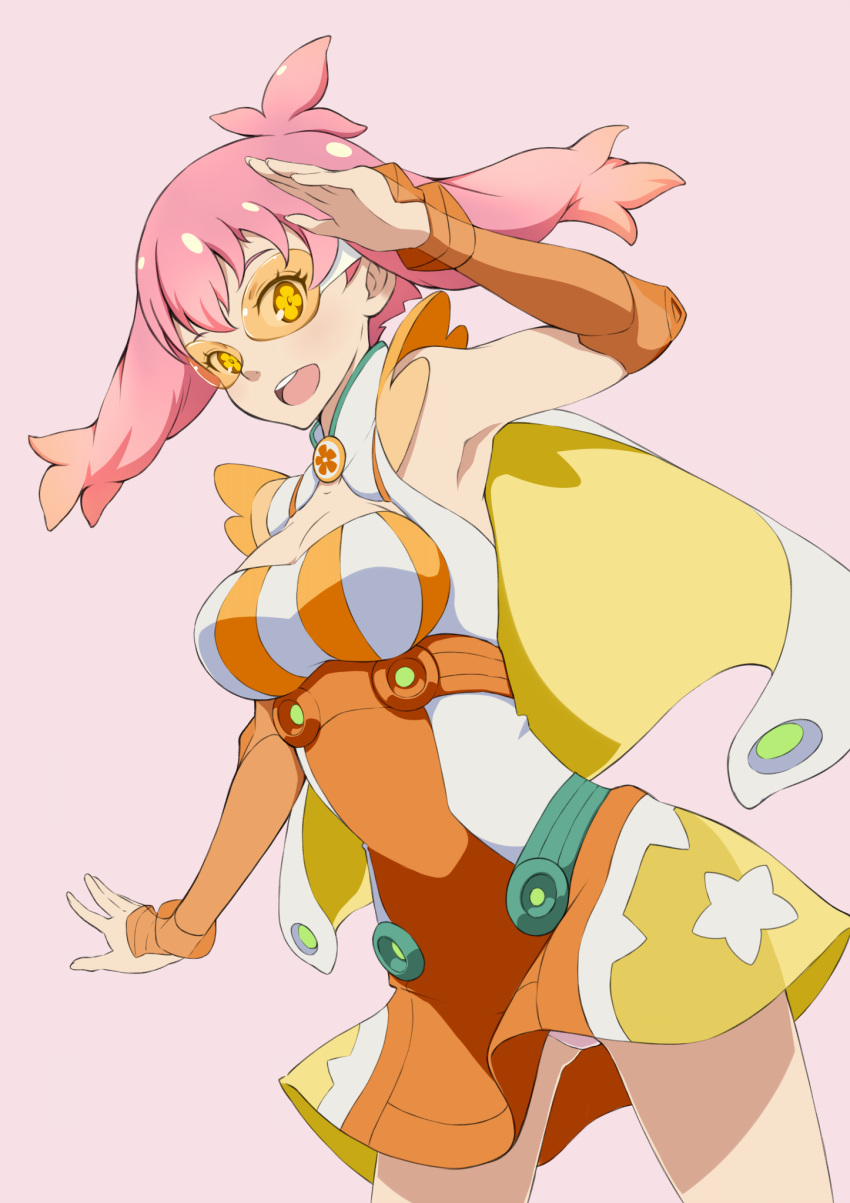 1girl :d armpits breasts cape cleavage dress dutch_angle galaxea highres narugino_mikatan open_mouth pink_hair punch_line simple_background smile solo strange_juice symbol-shaped_pupils visor