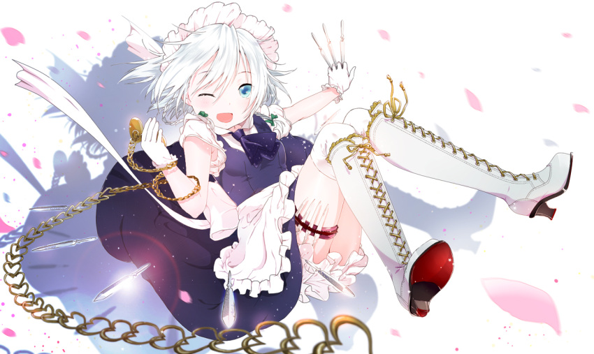 1girl apron ascot between_fingers blue_dress blue_eyes boots chain cross-laced_footwear dress gloves high_heel_boots high_heels holster izayoi_sakuya knee_boots knife looking_at_viewer maid maid_headdress one_eye_closed open_mouth over-kneehighs petals pocket_watch silver_hair smile solo thigh-highs thigh_holster thighs throwing_knife touhou waist_apron watch white_gloves white_legwear yamada_ranga