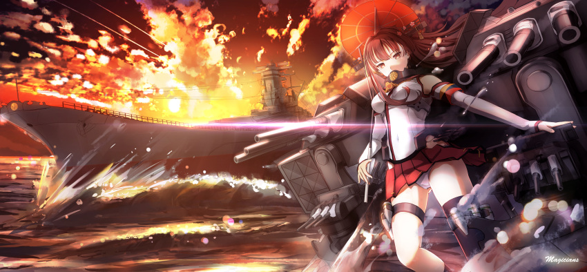 1girl absurdres artist_name breasts brown_eyes brown_hair cherry_blossoms clouds cloudy_sky covered_mouth cowboy_shot flower hair_flower hair_ornament highres kantai_collection large_breasts long_hair looking_at_viewer magicians_(zhkahogigzkh) mecha_musume ocean oriental_umbrella panties pantyshot pantyshot_(standing) ponytail signature single_thighhigh sky solo splashing standing sunlight sunset thigh-highs umbrella underwear yamato_(battleship) yamato_(kantai_collection)