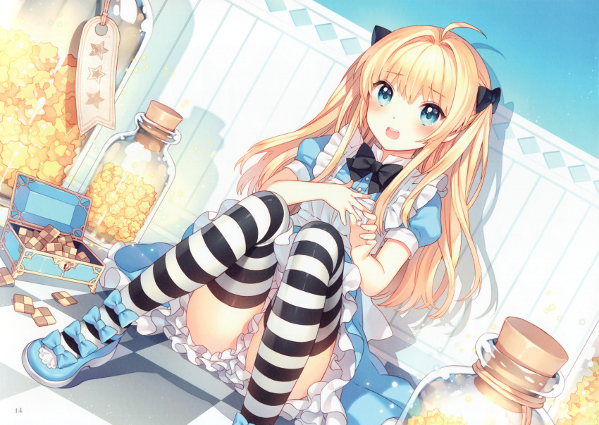 1girl absurdres alice_(wonderland) alice_in_wonderland apron artist_name blonde_hair blue_eyes blush bow dress dutch_angle frilled_dress frills highres long_hair nardack puffy_short_sleeves puffy_sleeves short_sleeves sitting solo striped striped_legwear thigh-highs